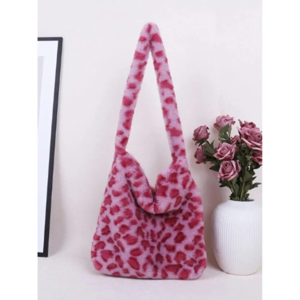 Women's Pink Fluffy Leopard Pattern Square Shoulder Bag Size OS
